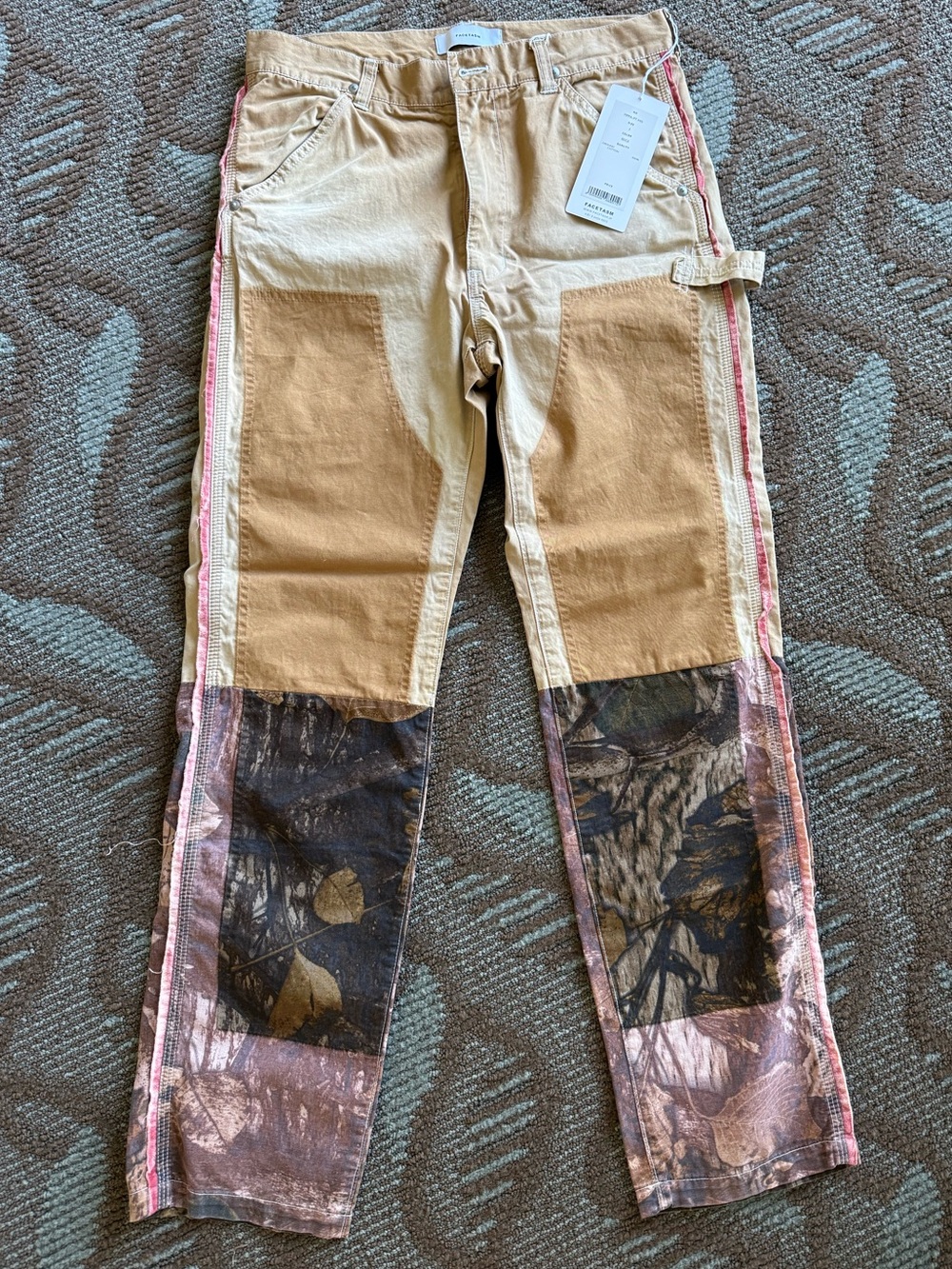 Facetasm 100% cotton double knee pants in camo, khaki, and orange colorblock